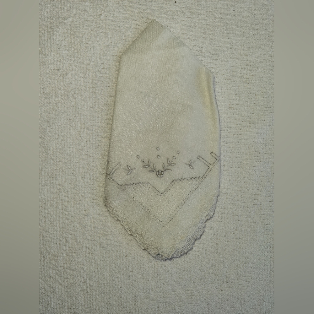 Antique Vintage Handkerchief White Silver Embroidered White Trim